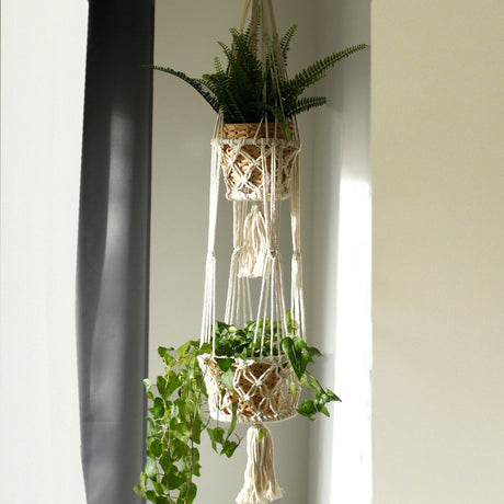 Ancient wisdom macramé plantenhanger dubbel - 120 cm - 100% katoen - handgemaakt - hangende plantenhouder - boho stijl