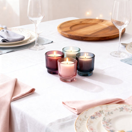 Arti casa kandelaar set van 4 theelichthouders - glas - rond - modern design - diameter 9 cm x hoogte 10 cm - bruin, licht groen, licht grijs en roze - 2 jaar garantie