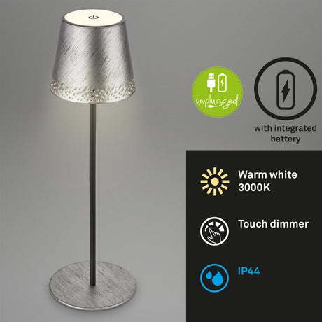 Briloner kiki - oplaadbare tafellamp - dimbaar - voor binnen en buiten - in hoogte verstelbaar - warm wit licht - zilver