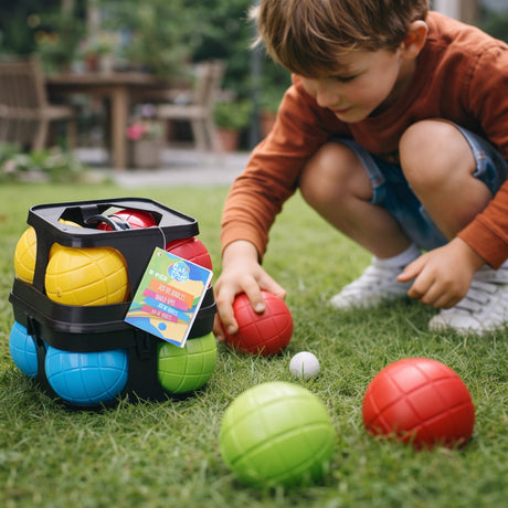 Eddy toys jeu de boules 9-delige set - kunststof boules spel - ideaal voor tuin en strand - voor kinderen en volwassenen - inclusief draagmand - rood, geel, blauw en groen