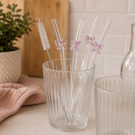 Alpina herbruikbare drinkrietjes 5-delig – glazen rietjes met schoonmaakborstel – duurzame drinkrietjes met strik design