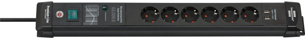 Brennenstuhl premium-line 60.000a overspanningsbeveiligings contactdoosstrip met usb-laadfunctie 6-voudig zwart 3m h05vv-f 3g1.5