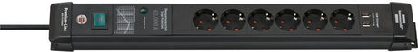 Brennenstuhl premium-line 60.000a overspanningsbeveiligings contactdoosstrip met usb-laadfunctie 6-voudig zwart 3m h05vv-f 3g1.5