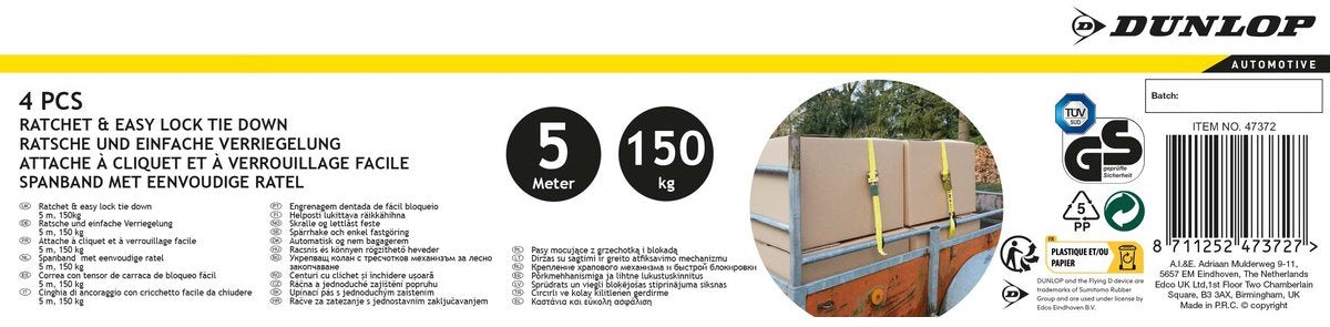 Dunlop spanband met ratel - 4 stuks - 5 m - tot 150 kg - geel