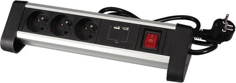 Perel stekkerdoos met schakelaar, 3 stopcontacten met penaarde (type e), 2 usb-poorten, kabel 1.4 m, 3g1.5, gebruik binnenshuis, zwart grijs