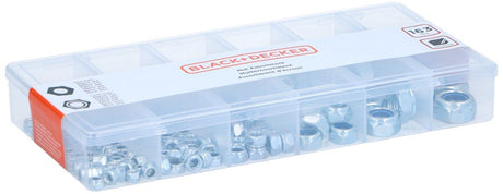 Black+decker moerenassortiment 163 stuks - borgmoeren en zeskantmoeren van staal - geschikt voor diverse bevestigingsklussen - maten m4 tot m12 - inclusief overzichtelijke opbergdoos - kleur zilver