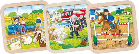 Goki houten puzzel - set van 3 - brandweer, tractor, paard - 9 stukjes