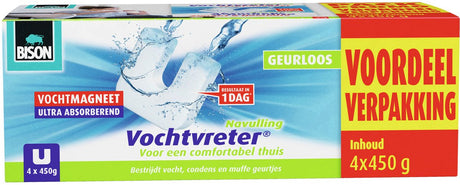 Bison vochtvreter® magneet voordeelverpakking 4x 450g - parfumvrije navulling voor vochtvreter® apparaat, bestrijd hoge luchtvochtigheid in woonruimtes, ook geschikt voor caravans en campers