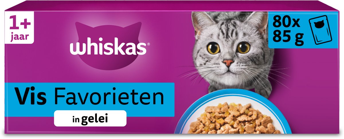 Whiskas kattenvoer - adult 1+ - vis in gelei - giga-pack 80x85g