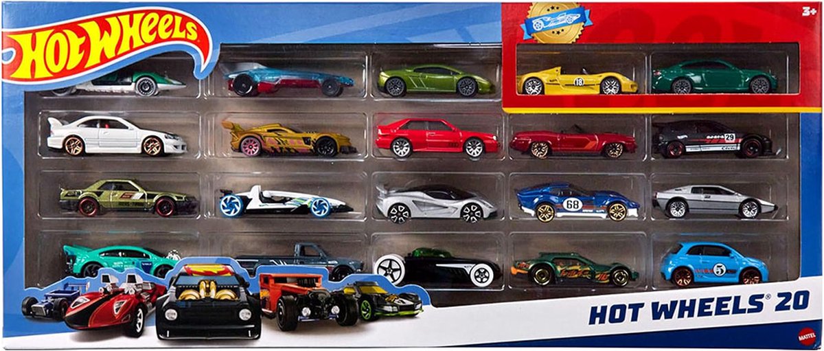 Mattel games , set van 20 hot wheels 1 64 schaalmodelvoertuigen, veelkleurig