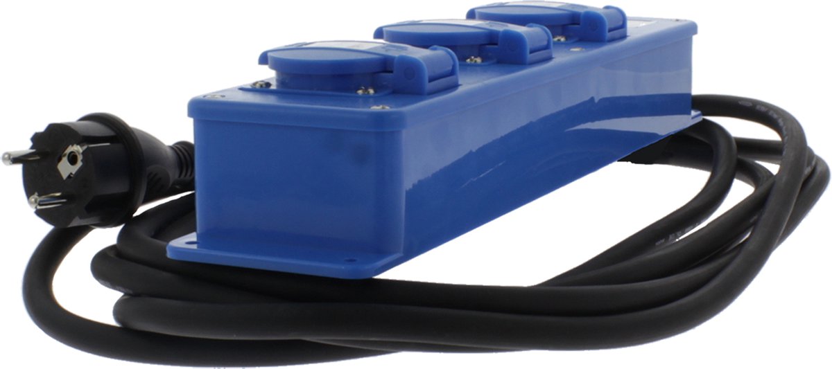 Merkloos sans marque stekkerdoos – 3–voudig – randaarde – ip44 – 3 x 1.5 mm² – 5 m – blauw