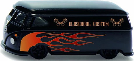 Siku 2363, vw t1 transporter custom, 1:50, speelgoedauto, metaal kunststof, zwart oranje, trekhaak, uitgebreide bedrukking, deuren die open kunnen