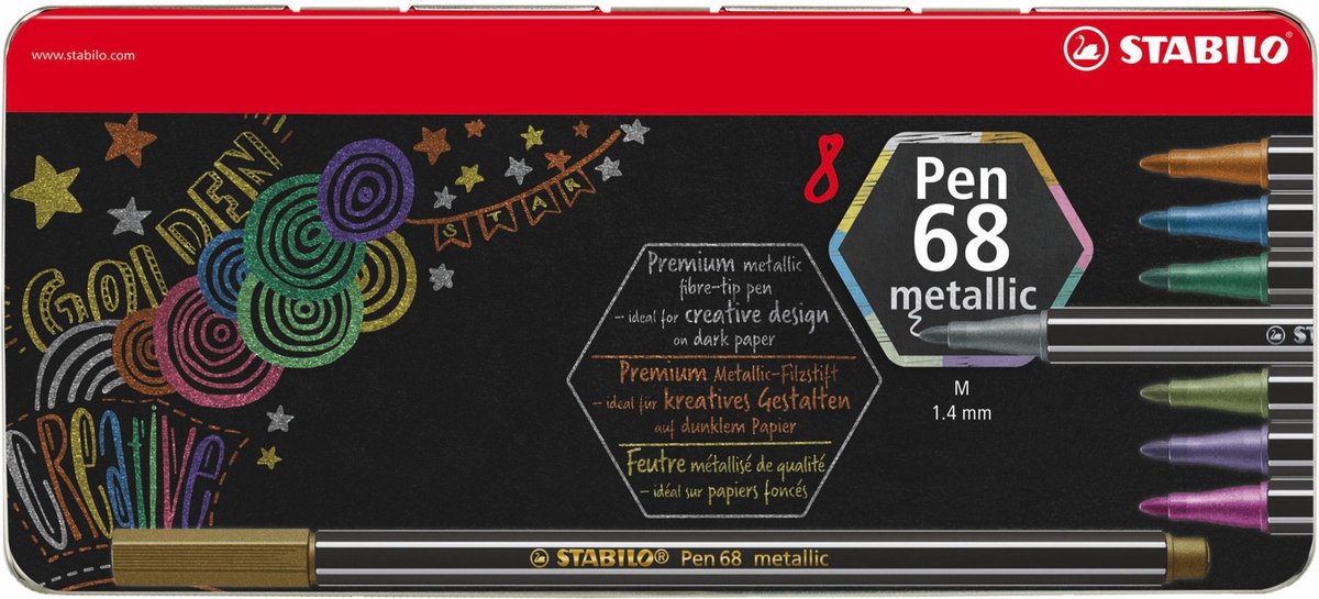 Stabilo pen 68 metallic - premium metallic viltstift - metalen etui met 8 kleuren