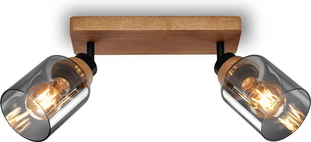 Briloner royk - opbouwspot met rookglas - met hout - plafondspot met 2x e27 fitting - 28cm