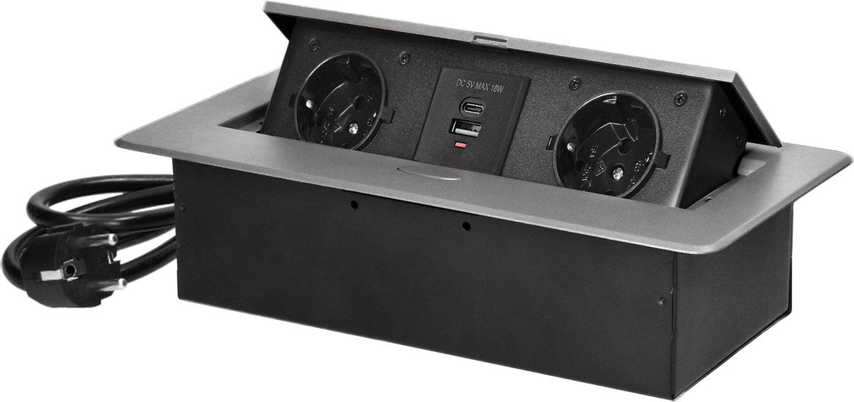 Orno pop up stekkerdoos met 2 stopcontacten en usb-a c - inbouw verdeelstekker met rvs afwerking - stekkerblok met 1.5 meter kabel - verdeeldoos voor max. 3680 watt - zilver