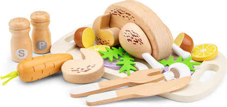 Woet ® houten 'gebraden kip' met groenten speelgoedset - inclusief dienblad, bestek en zout peper - speelgoedeten - rollenspel keukenspeelgoed - vanaf 2 jaar