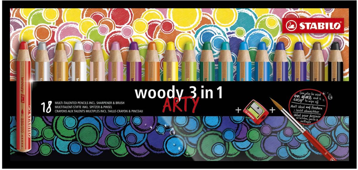 Stabilo woody 3 in 1 - multitalent kleurpotlood - arty - set 18 st. + puntenslijper