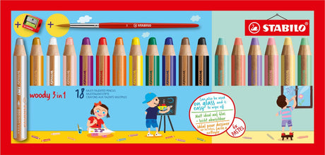 Stabilo woody 3 in 1 - multitalent kleurpotlood - set 18 st. + puntenslijper