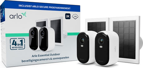 Arlo essential 2k draadloze beveiligingscamera voor buiten en zonnepanelen - 2 camera's 2 zonnepanelen