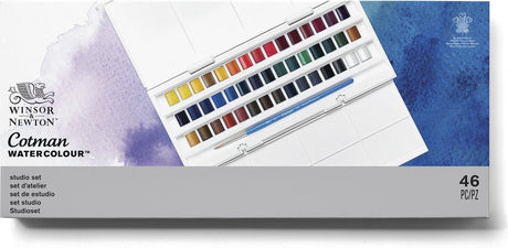 Winsor newton 0390471 cotman studio aquarelverf set – 45 halve napjes – volledig 40-kleuren palet met penseel mengpaletten
