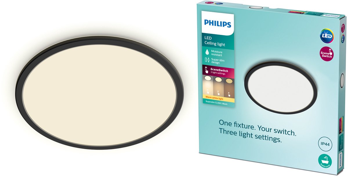Philips led philips superslim badkamer plafondlamp - zwart - rond - 15 w