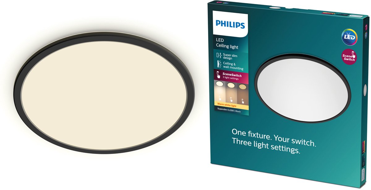 Philips led philips superslim plafonnière - zwart - groot - warmwit licht - 18 w