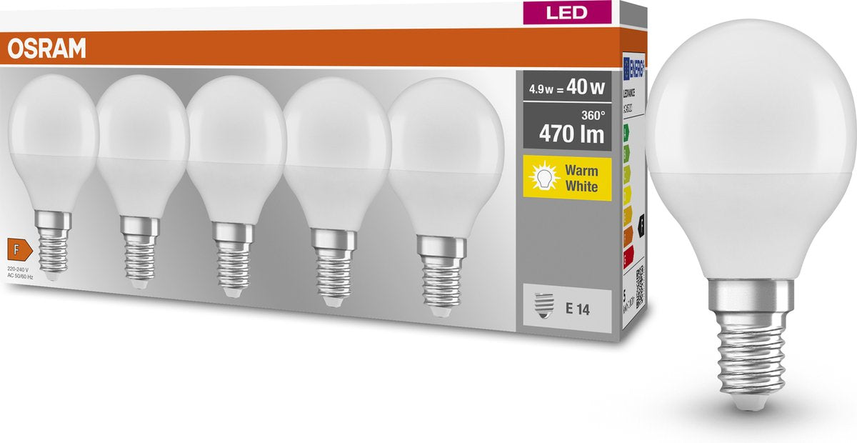 Osram led lamp - peertje - e14 - mat - 4,9w - 470 lumen - warm wit - niet dimbaar - 5 stuks