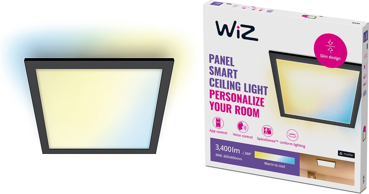 Wiz plafondlamp led paneel - 60 x 60 cm - warm- tot koelwit licht - slimme led verlichting - 36w - vierkant - zwart