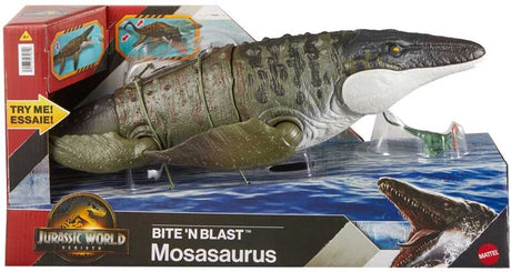 Mattel jurassic world rebirth bijtende en explosieve mosasaurus, actiefiguur en mini-dilophosaurus, dinosaurusspeelgoed met kaken die ver open kunnen, beweegbaar, ziet eruit als in de film