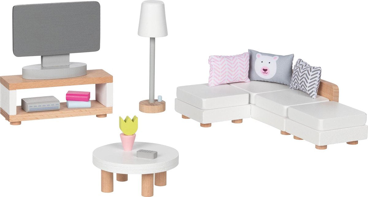 Goki poppenhuismeubeltjes: design woonkamer, 15-delig, 9,5x3x4cm (televisiekast), beukenhout en stof, 3+