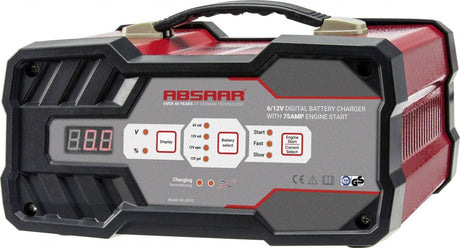 Absaar acculader jumpstarter – 6v 12v – 2-12a laadstroom – 75a starthulp – 25-120ah 12v accu – agm, gel loodzuur