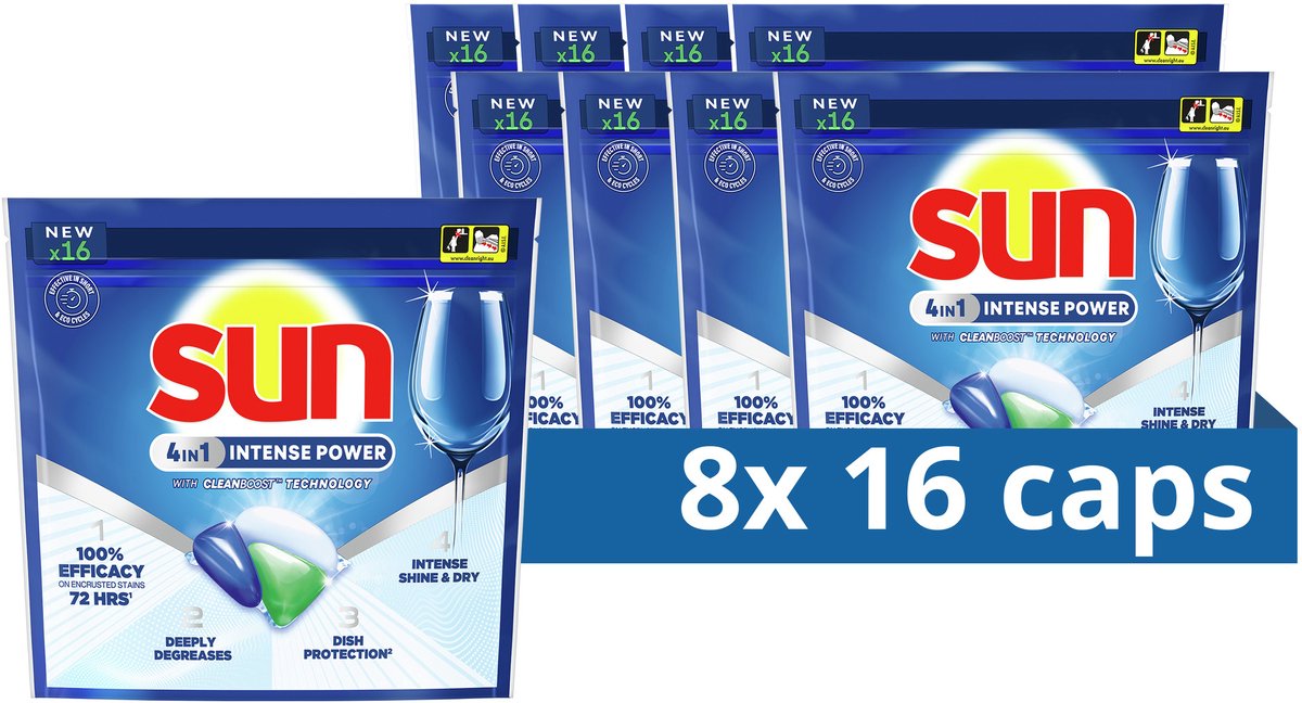 Sun vaatwascapsules - 4in1 intense power - met cleanboost-technologie - 128 stuks (8x16) - voordeelverpakking