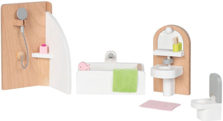 Goki poppenhuismeubeltjes: design badkamer, 10-delig, 11,2x6,2x6cm (bad), beukenhout en stof, 3+