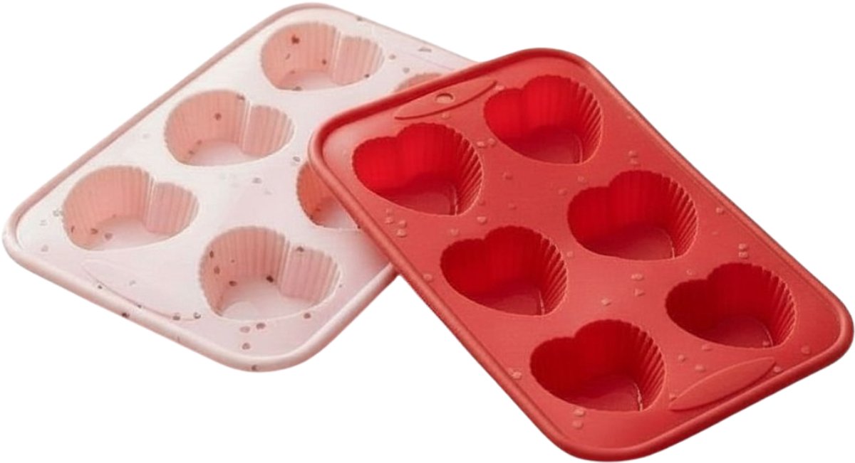 Alpina siliconen bakvorm in hartvorm - set van 2 stuks - valentijn cakevorm met 6 hartjes - ovenbestendig en vaatwasserbestendig - afmeting 26,3x17,3 cm - kleur roze en rood