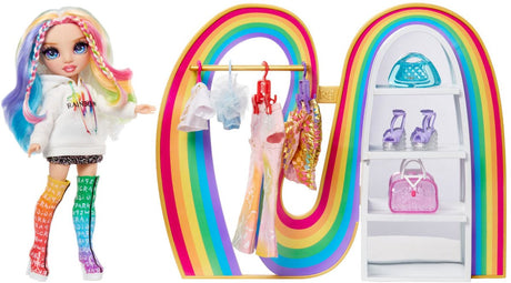 Rainbow high amaya’s rainbow-kast-speelset + exclusieve regenboogpop, extra mode, schoenen, tasjes, kledinghangers, kledingrek, planken. cadeau voor kinderen van 4+ jaar