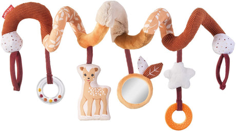 Sophie la girafe fanfan het hertje activiteitenspiraal – uitrekbaar 20-80 cm – zachte stof met texturen – piepertje, knisperpapier, spiegeltje, bijtring en rammelring – eenvoudig te bevestigen met klittenband – vanaf 3 maanden
