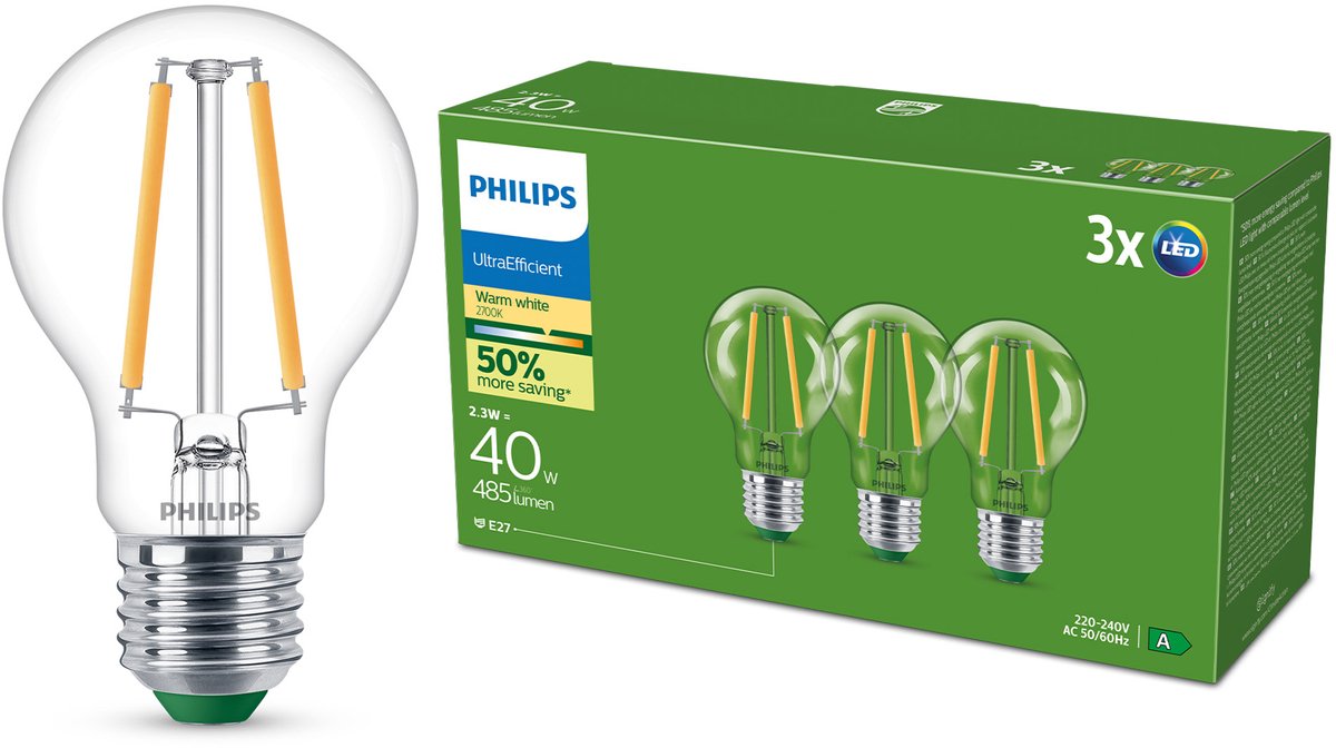 Philips led philips ultraefficient led lamp transparant - 40w - e27 fitting - warmwit licht; 2700k - ultra efficiënt: energielabel a - 3-pack