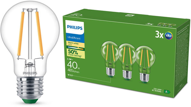 Philips led philips ultraefficient led lamp transparant - 40w - e27 fitting - warmwit licht; 2700k - ultra efficiënt: energielabel a - 3-pack