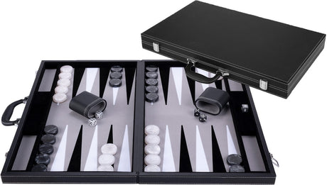 Engelhart backgammon 21 inch - grijs, zwart wit ingelegd bord - luxe zwarte koffer met handvat -