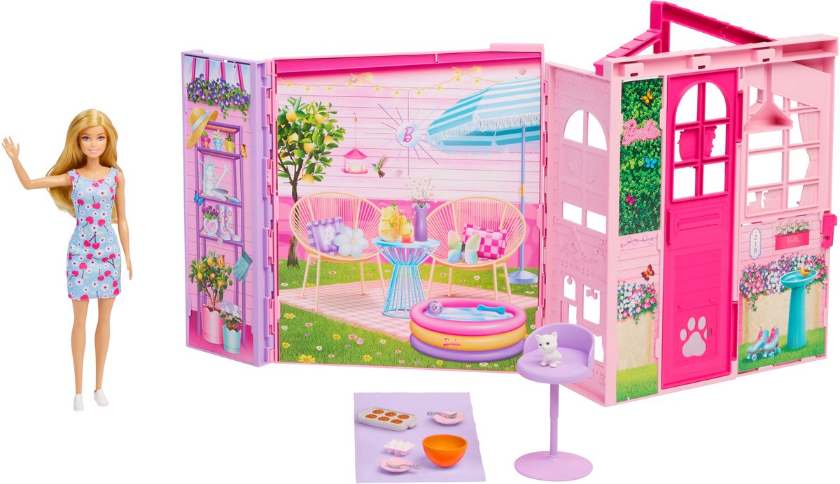 Barbie weekend escape house - poppenhuis met pop - 10 accessoires 4 speelruimtes en een katje