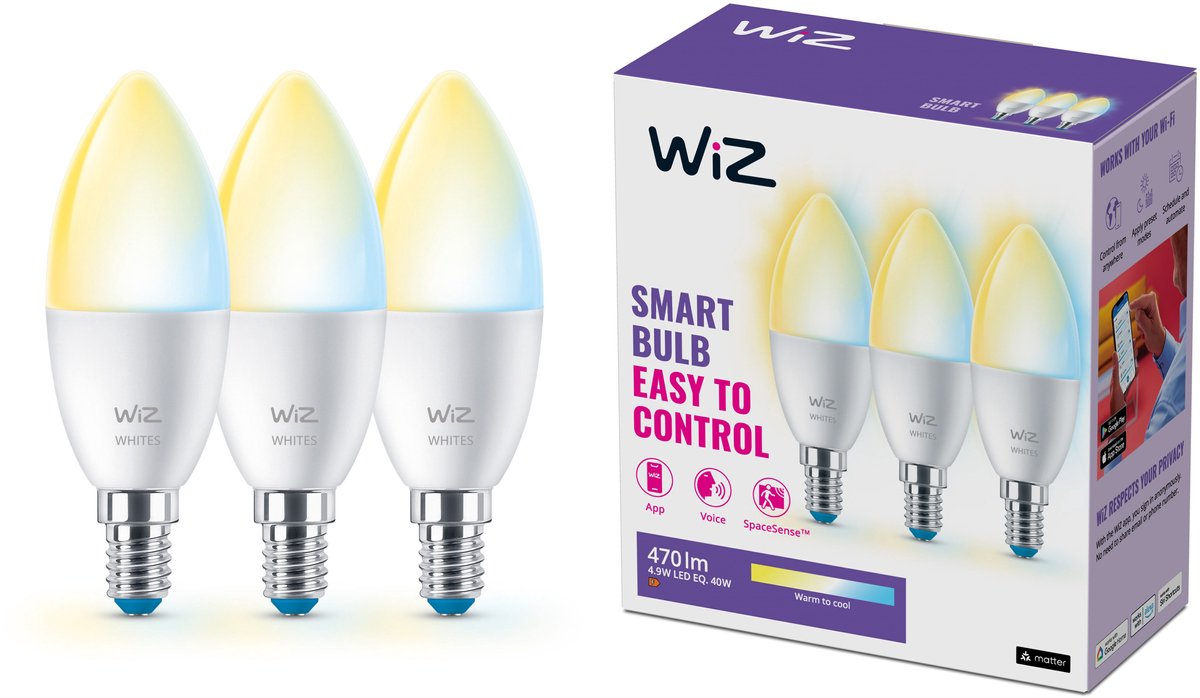 Wiz kaarslamp 3-pack - warm- tot koelwit licht - slimme led verlichting - e14 fitting - 40w - mat - wi-fi