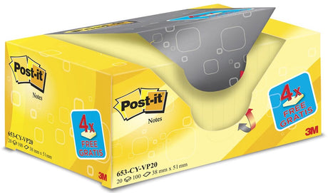 Post-it value pack: â® notes, canary yellowâ„¢, 38 x 51 mm, 100 blaadjes blok, 16 blokken + 4 gratis