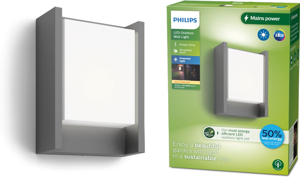 Philips led philips arbour wandlamp - ultra efficient - antraciet - 3,8w