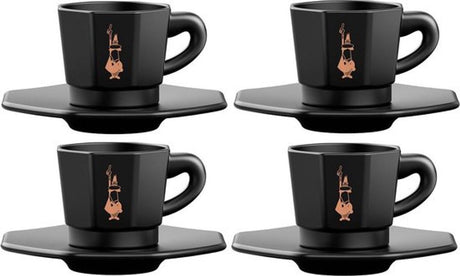 Bialetti octagonal espresso kopjes set – 4 kopjes met schotels – 75 ml – mat zwart porselein met goudkleurige details