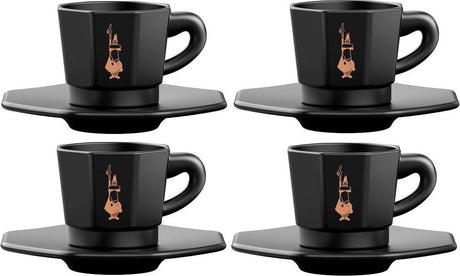Bialetti octagonal espresso kopjes set – 4 kopjes met schotels – 75 ml – mat zwart porselein met goudkleurige details