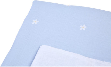 Childhome wiegdeken flower collection - dubbelzijdige babydeken in mousseline van 100% katoen - effen aan de ene kant, bloemenprint aan de andere - tog-waarde 2,5 voor knus slapen - oeko-tex - 80 x 100 cm - wit blauw