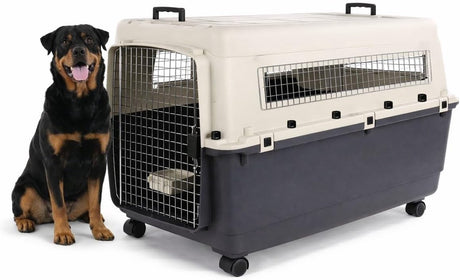 Flamingo reisbench hond – autobench – transportbox hond – fomad donkergrijs xxl (70x100x69,5 cm) – kunststof – met metalen deur veiligheidsslot – inclusief eet- en drinkpot wielen – xxl