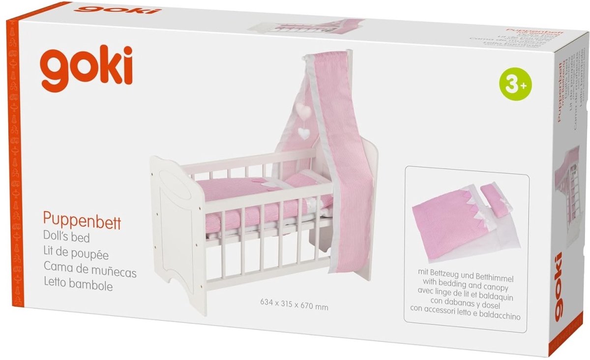 Goki poppenbed - poppenwieg - met beddegoed en baldakijn - 63,4x31,5x67 cm - 3 jaar