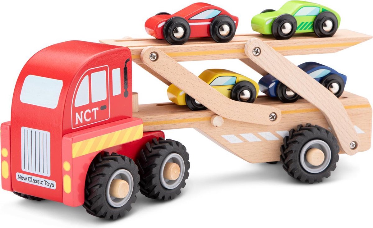 Woet ® houten autotransporter - vrachtwagen met aanhanger en 4 auto’s - educatief speelvoertuig - rollenspel speelgoed - vanaf 18 maanden