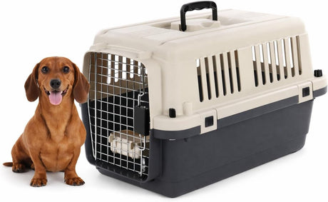 Flamingo reisbench hond – autobench – transportbox hond – fomad donkergrijs s (40x61x41 cm) – kunststof – met metalen deur veiligheidsslot – inclusief eet- en drinkpot – s